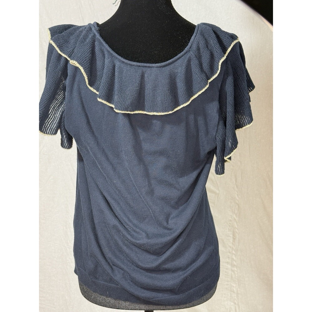 Women's Chaps Navy Ruffle Top V Neck Gold Trim Short Sleeve Sweater Blouse L - Picture 4 of 5